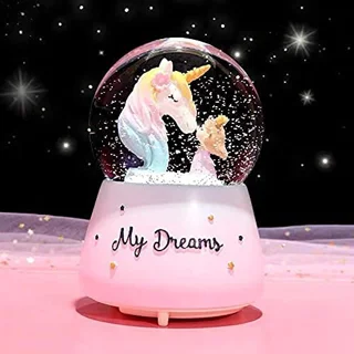 گوی موزیکال برفی پمپی و چراغدار طرح دختر و اسب تکشاخ مدل My Dreams